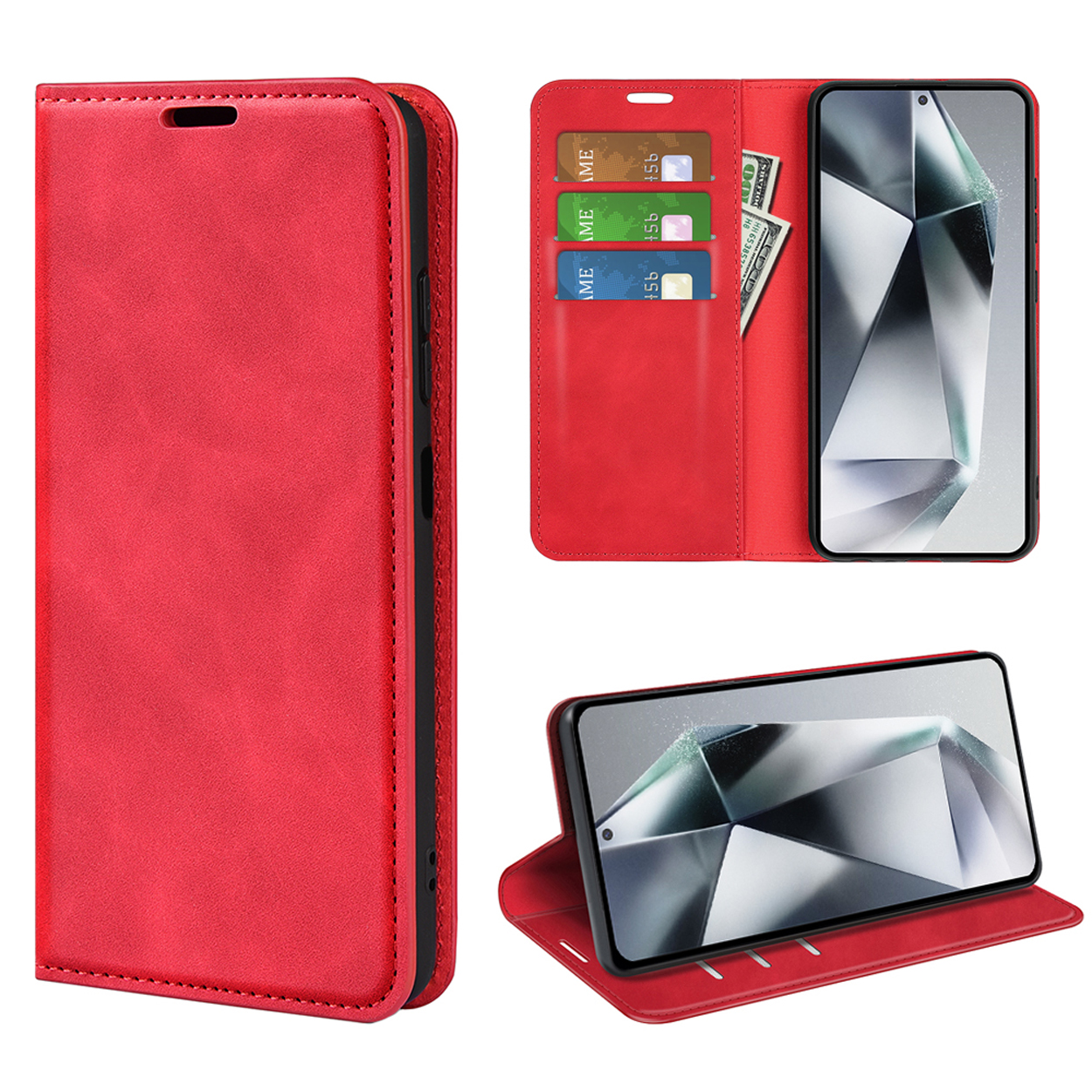 Étui de téléphone rouge avec un téléphone à l'intérieur. Il a des fentes pour cartes et contient des cartes et de l'argent.