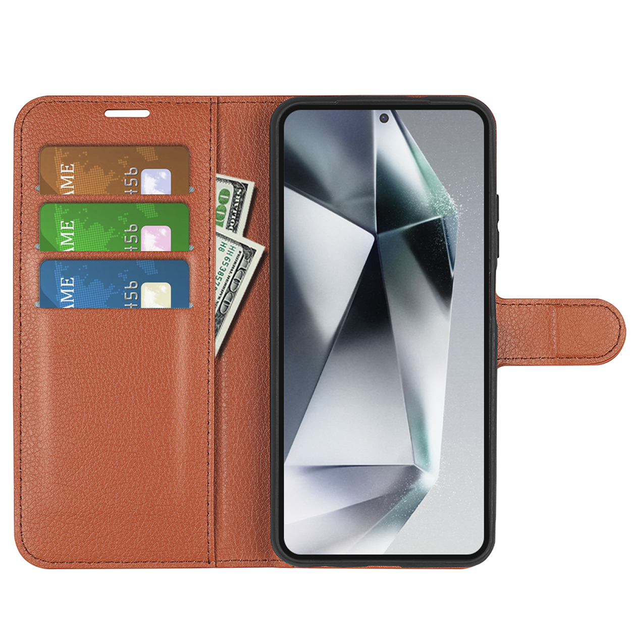 Een bruine leren telefoonhoes, open om een telefoon, kaarten en geld te tonen. De hoes staat op een witte achtergrond.