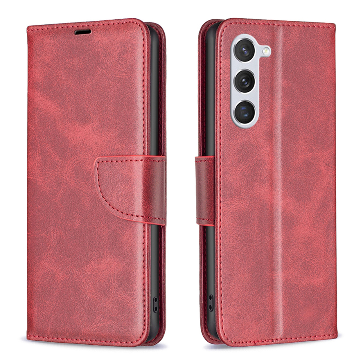 Deux coques de téléphone rouges, une ouverte et une fermée. Les deux montrent un téléphone et sont sur une surface blanche.