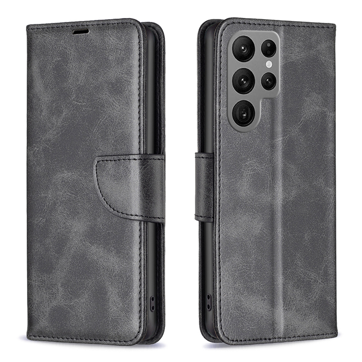 Gray leather phone case, closed and open, with a magnetic closure. The phone has a camera bump.