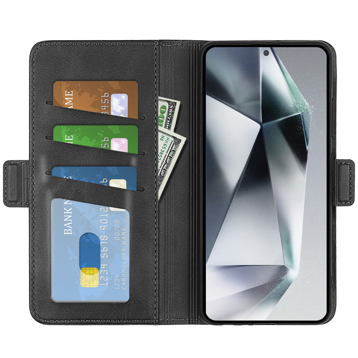 Zwarte telefoonhoes met kaarten en geld erin. Open weergave.