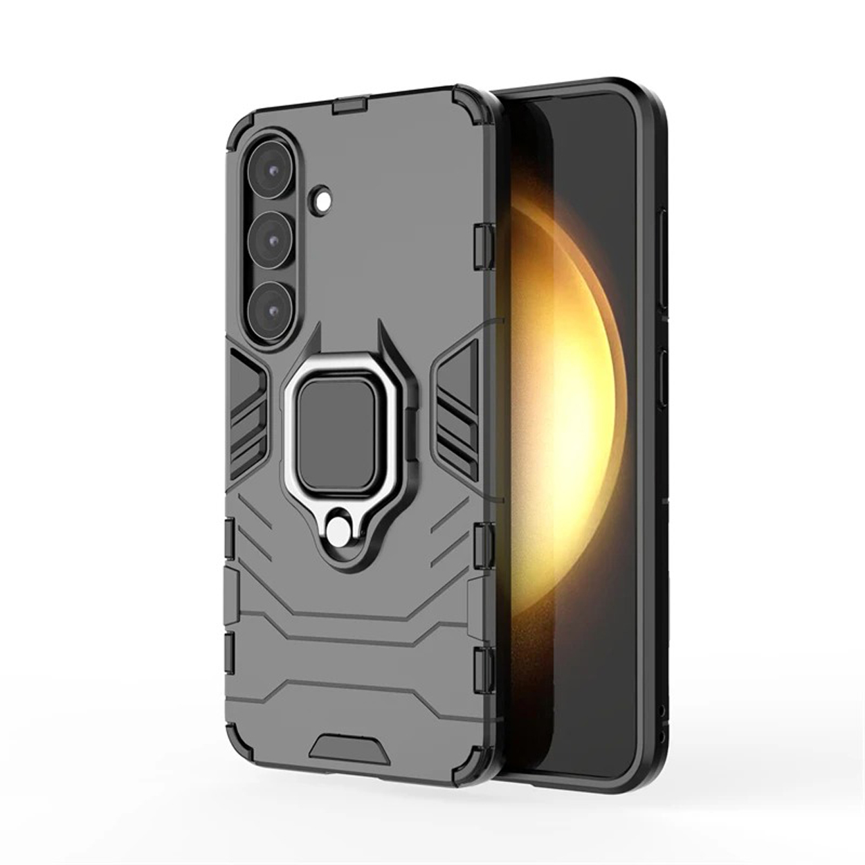 Een grijze telefoonhoes met een telefoon erin. De hoes heeft een ring op de achterkant.