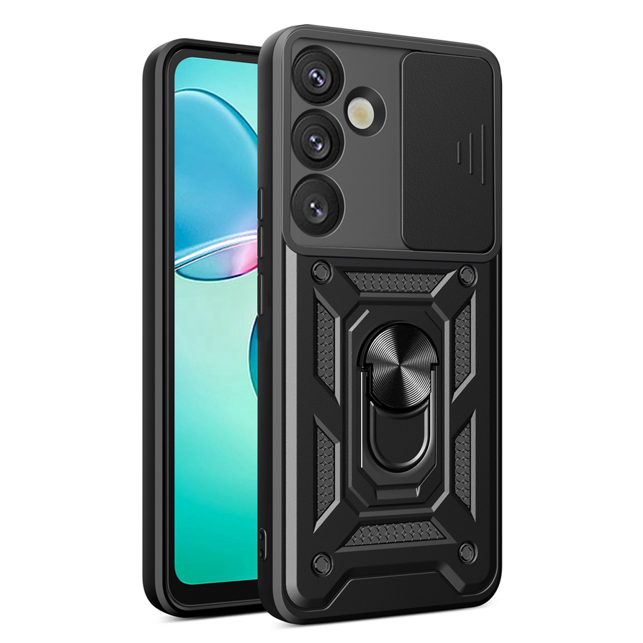 Coque de téléphone noire avec cache caméra. Elle possède un anneau métallique et un design texturé.