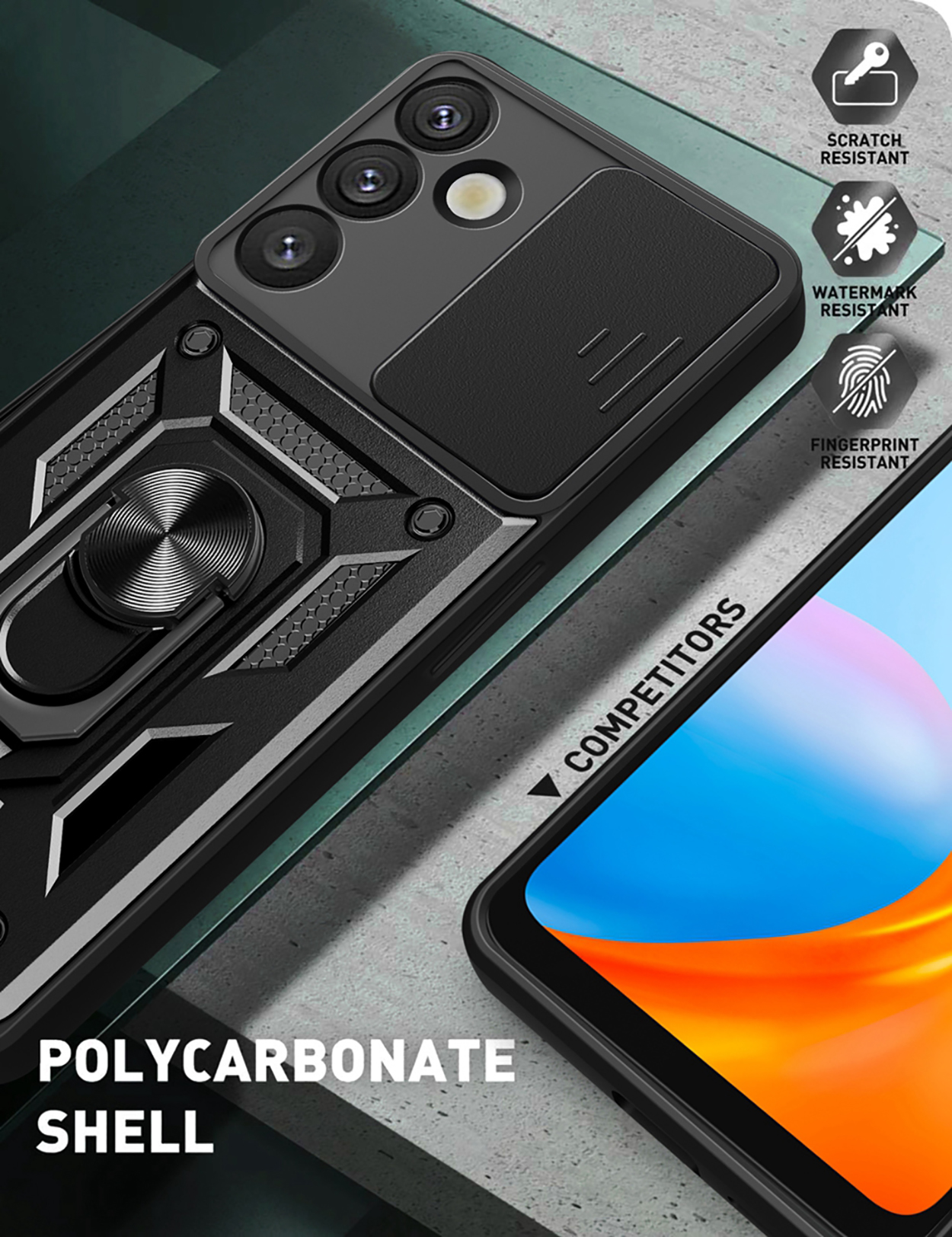 Zwarte telefoonhoes met schuifbare camerahoes, ringhouder en polycarbonaat schaal. Concurrenten worden vermeld.