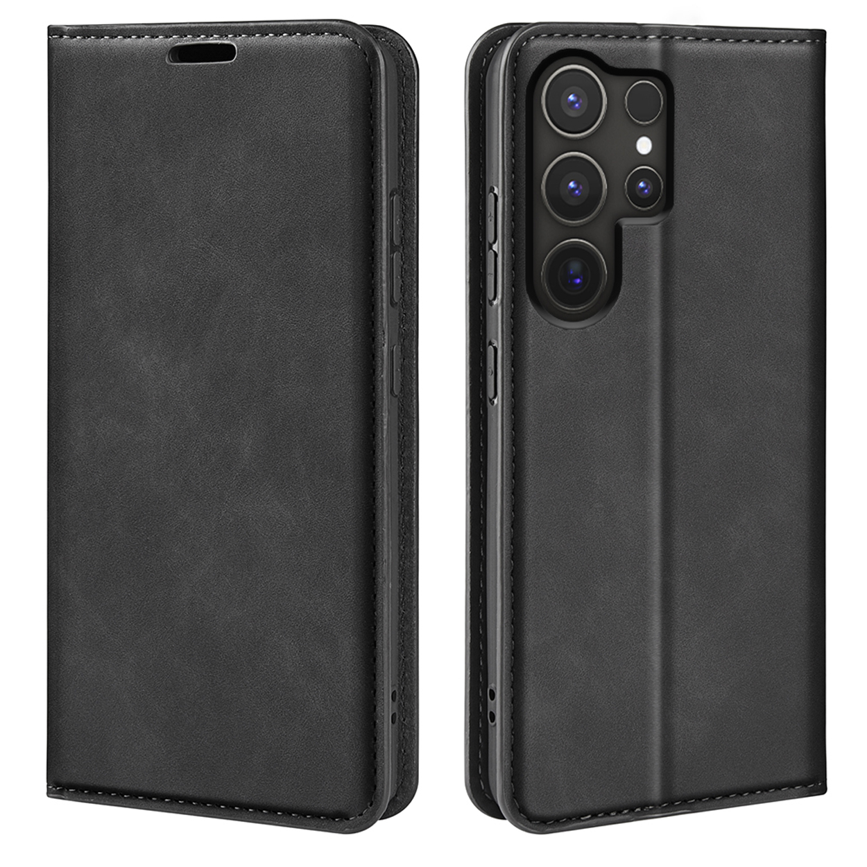Étui de téléphone en cuir noir, fermé et ouvert. Montre un téléphone avec des lentilles d'appareil photo et des détails de couture.