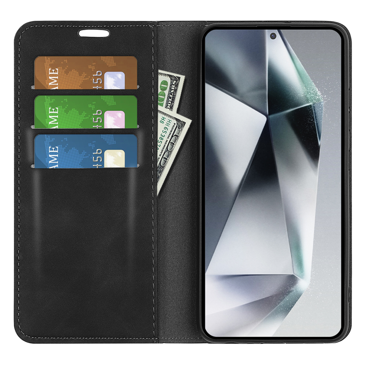 Étui de téléphone ouvert, montrant des cartes, de l'argent liquide et un écran de téléphone. L'écran affiche un design.
