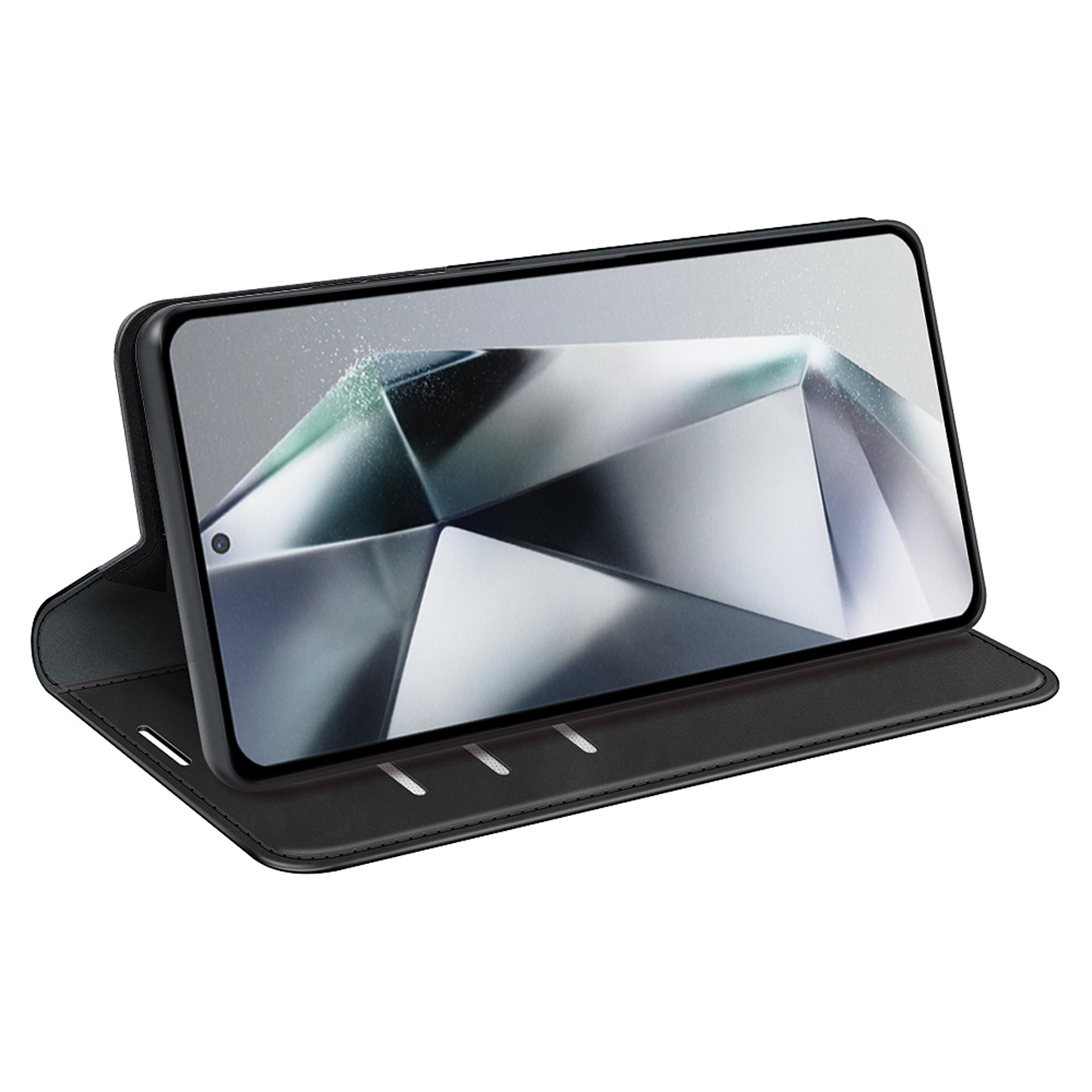 Téléphone dans un étui noir, écran affichant un design géométrique, sur fond sombre.