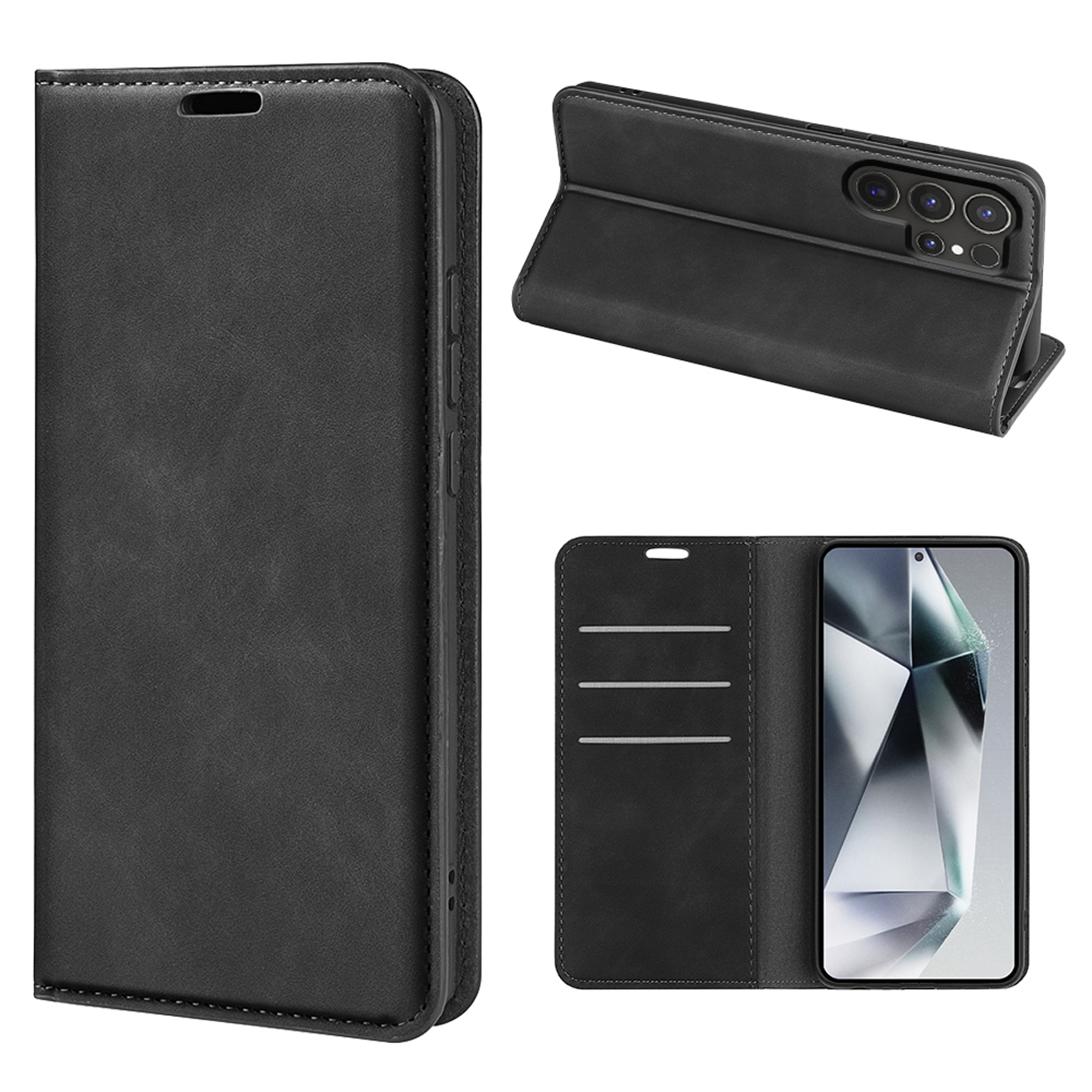 Étui de téléphone en cuir noir sous différentes vues. Le téléphone est visible dans l'étui. Possède des fentes pour cartes.