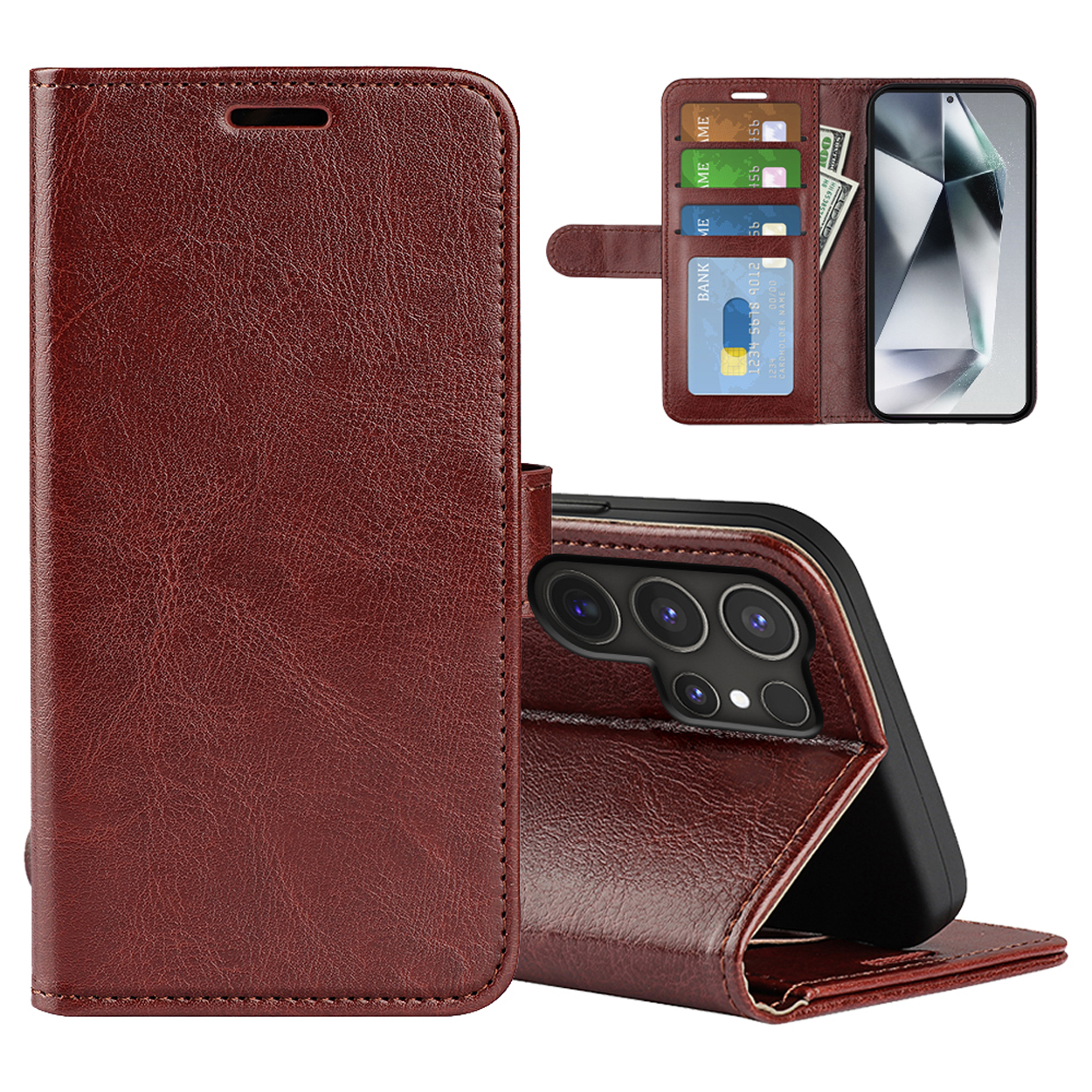 Étui de téléphone en cuir marron avec cartes et argent. Un ouvert montrant le téléphone, l'autre fermé.