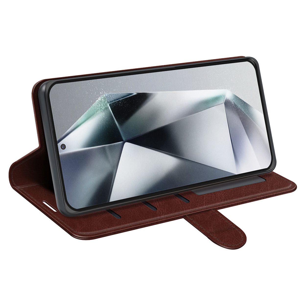 Étui de téléphone en cuir marron ouvert avec un téléphone à l'intérieur. L'écran affiche un motif de diamants.