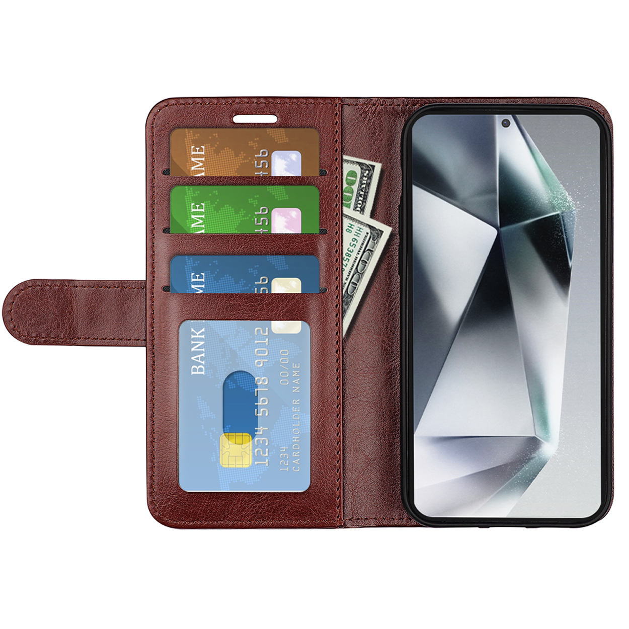 Étui de téléphone en cuir marron ouvert, avec cartes, argent et un téléphone. Le téléphone affiche une image. Fond marron.