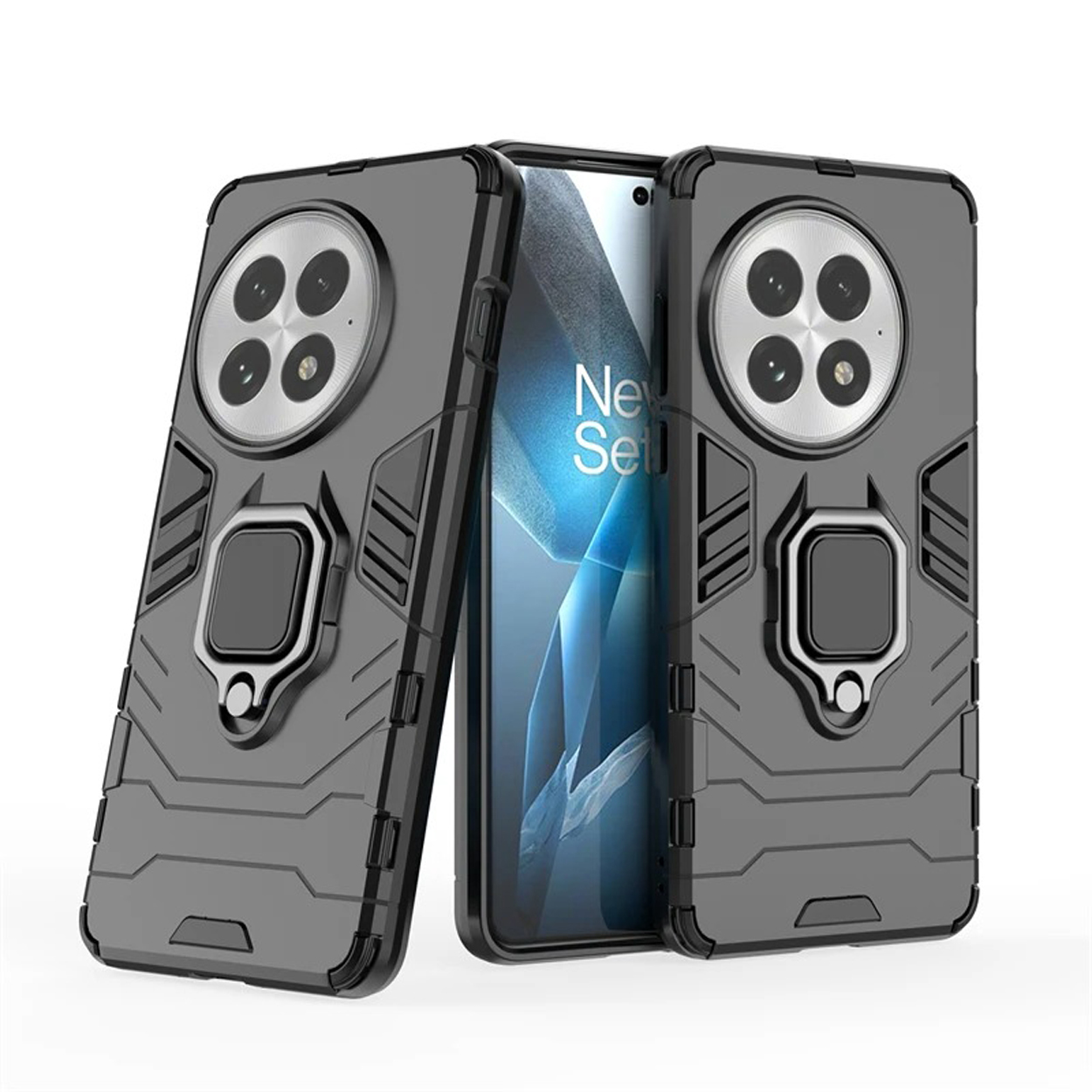 Twee grijze telefoonhoesjes met telefoons erin, naast elkaar getoond. Beide hebben ringen op de achterkant.