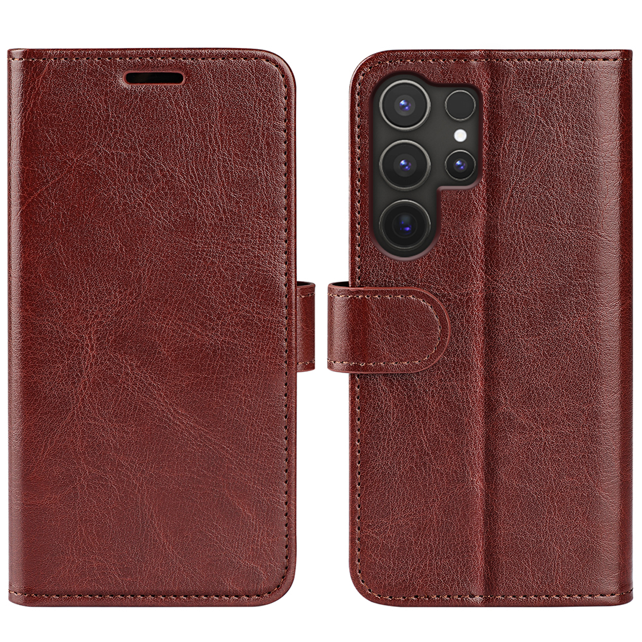 Coque de téléphone en cuir marron, fermée, montrant l'avant et l'arrière.