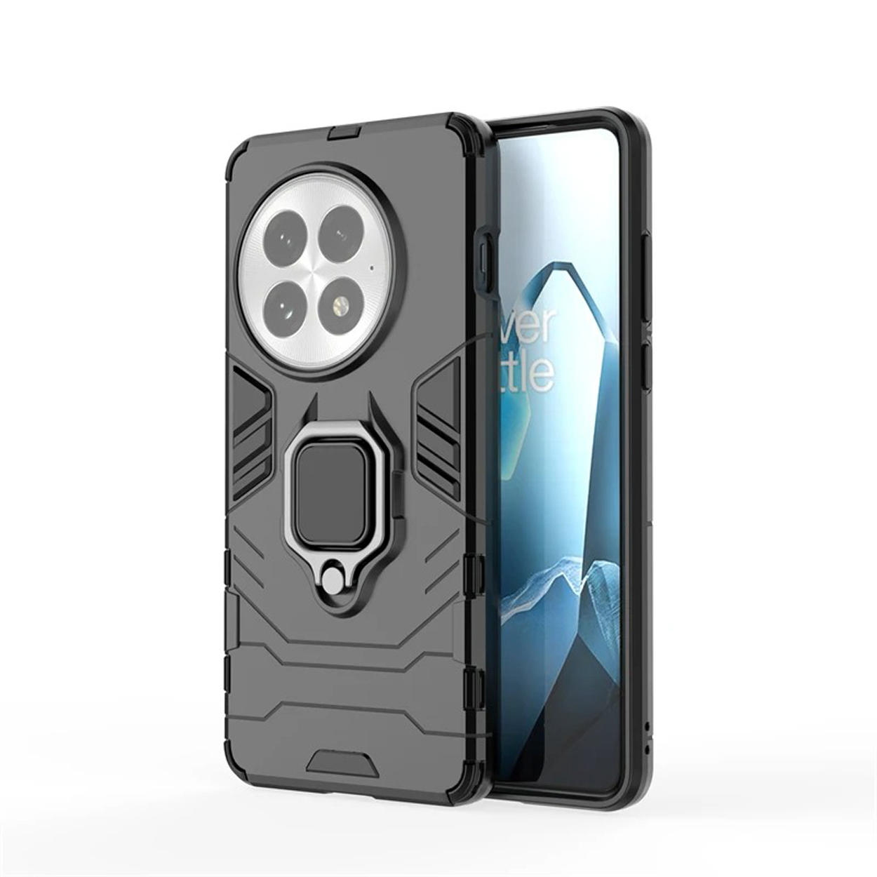 Een grijze telefoonhoes met een ringhouder en een telefoon aan de rechterkant.