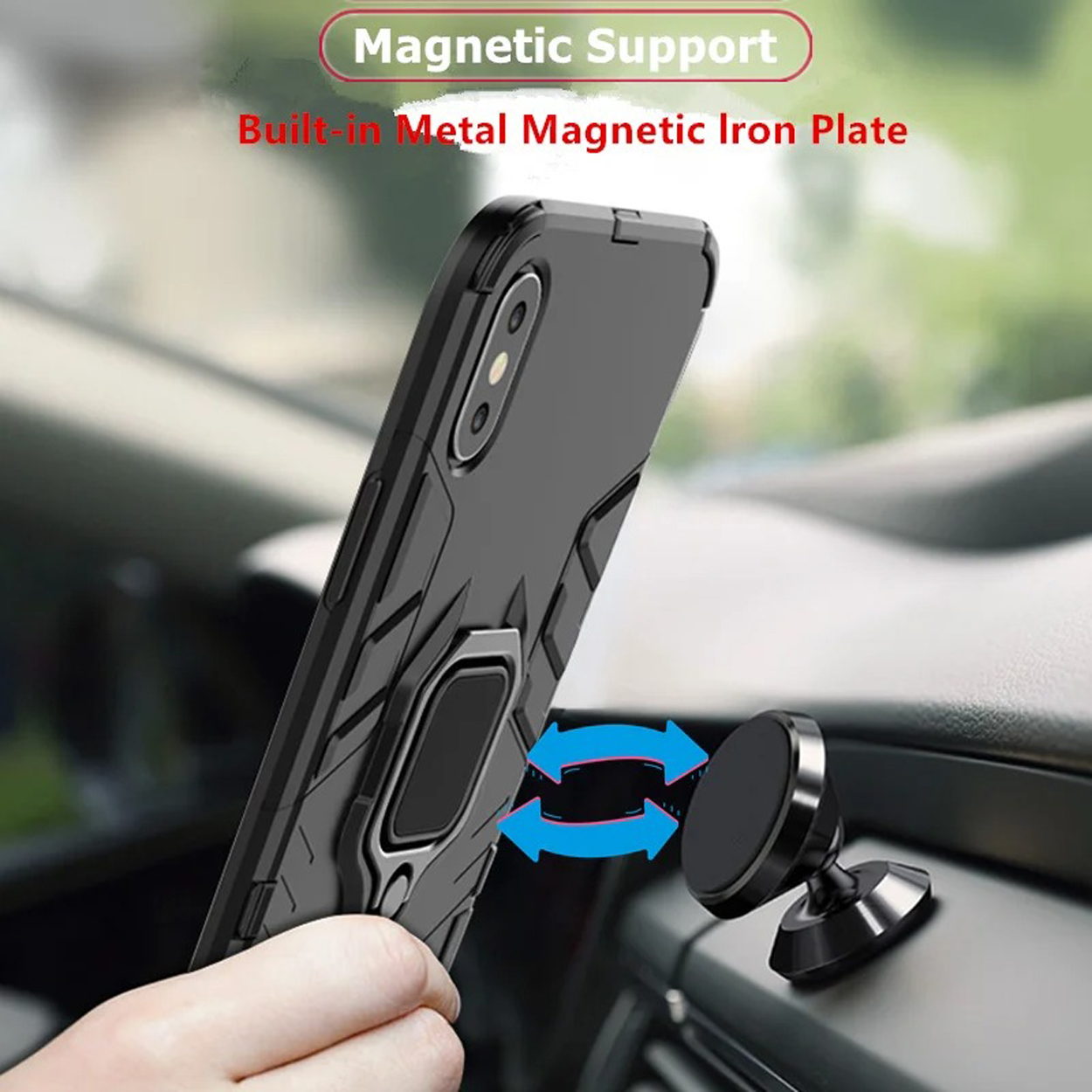 Zwarte telefoonhoes met magnetische steun. Telefoon staat in de buurt van een magnetische autohouder.