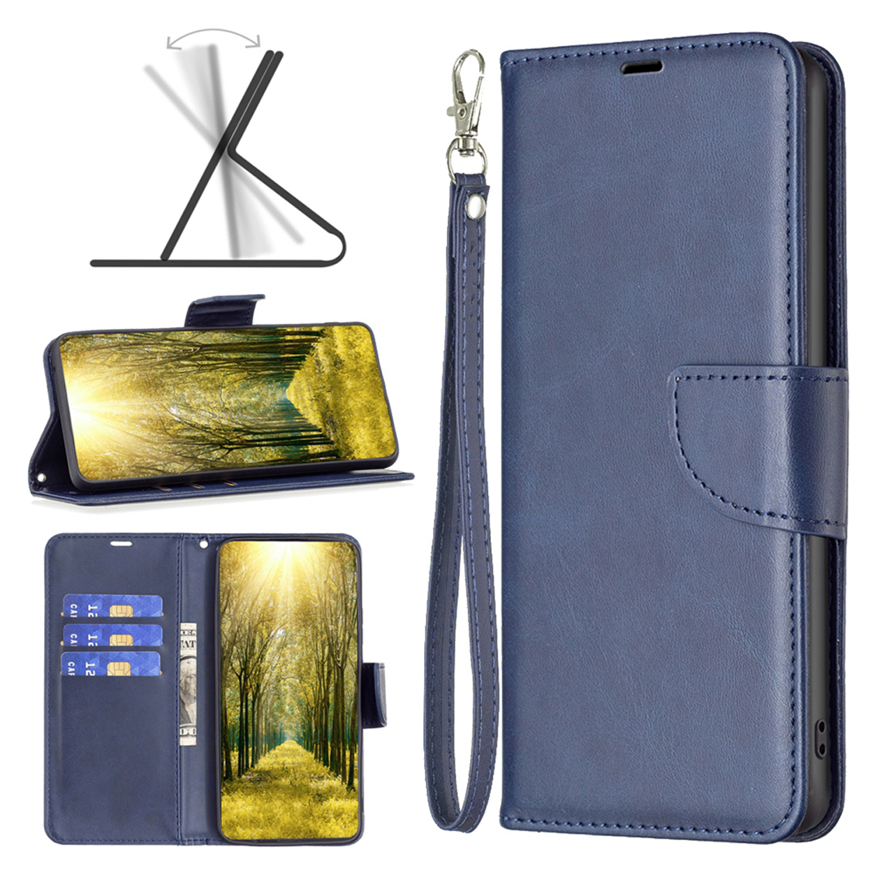 Blauwe telefoonhoes met kaarten, contant geld en een standfunctie. Toont een boslandschap.
