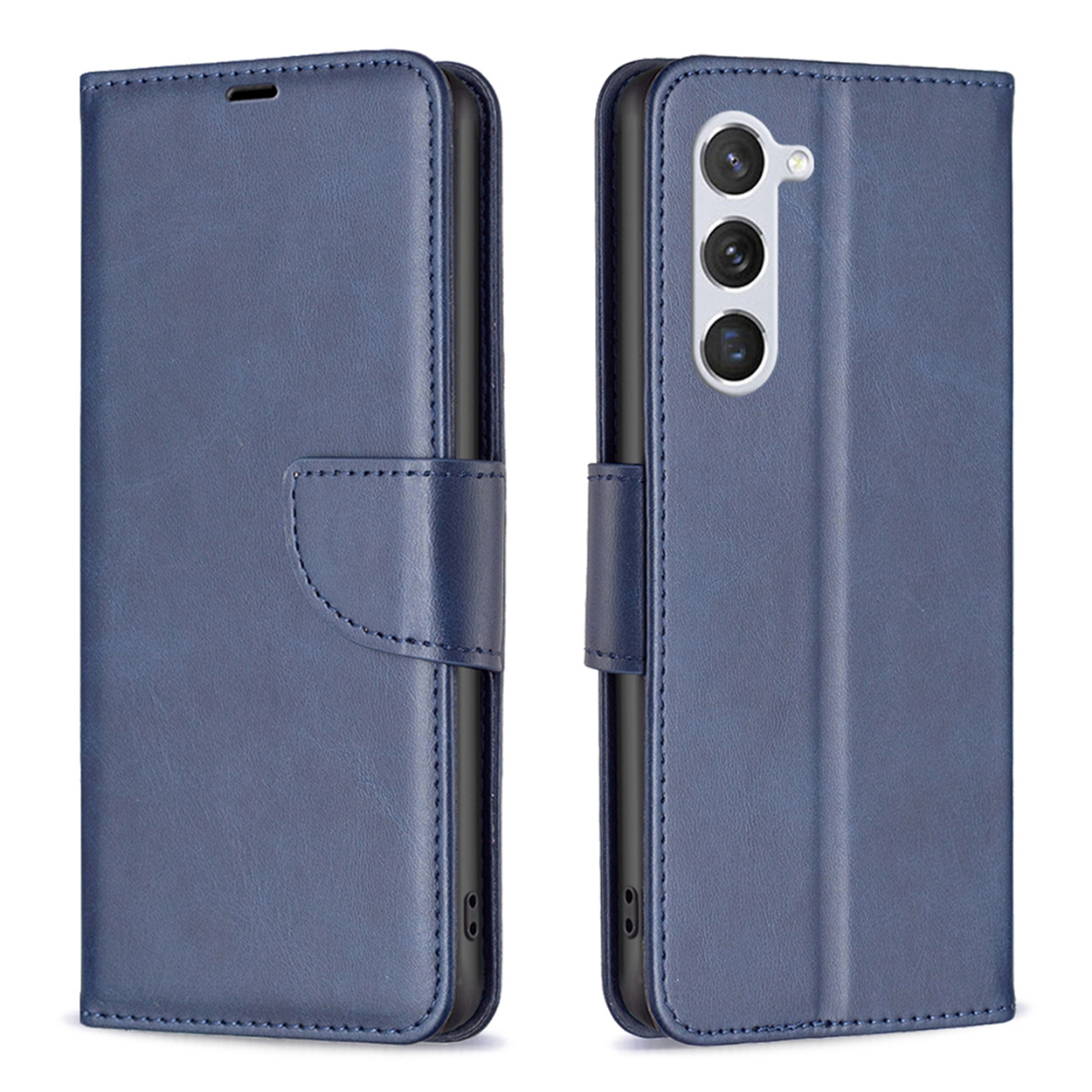 Blauwe leren telefoonhoes, open en dicht, met telefoon en camera.