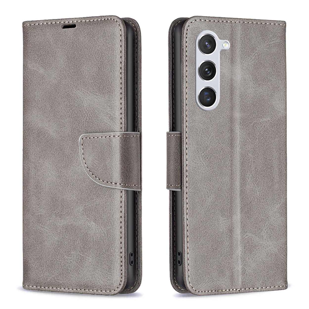 Coque de téléphone en cuir gris, fermée, montrant l'avant et l'arrière.