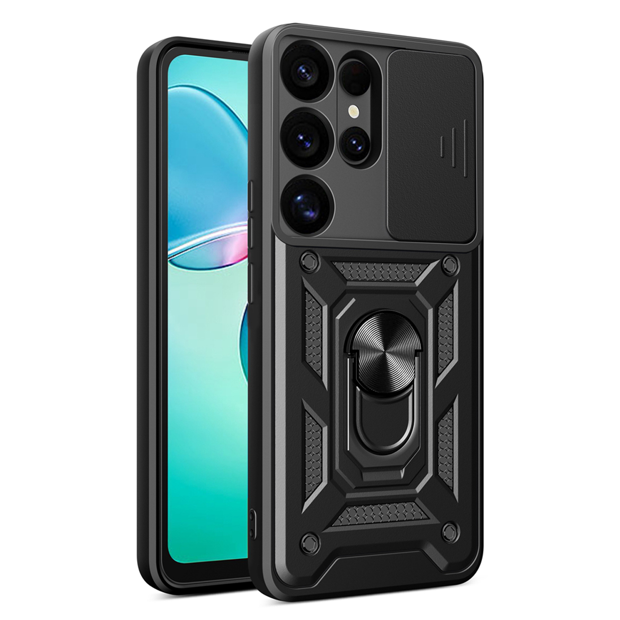 Zwarte telefoonhoes met een ringhouder en camerahoes. De hoes ligt op een wit oppervlak.