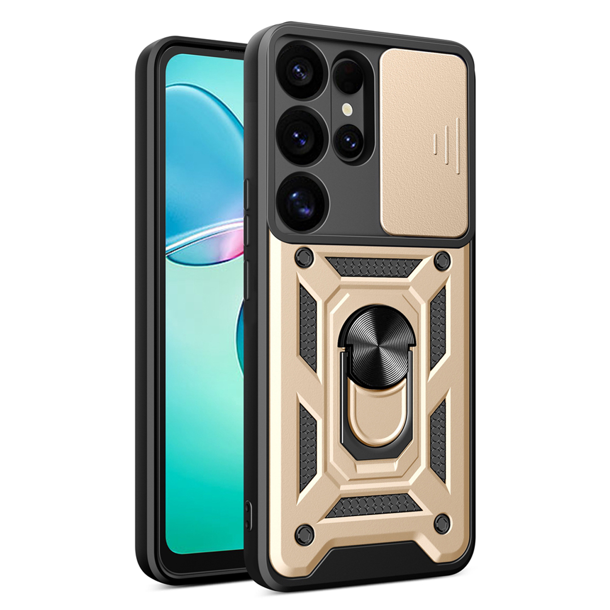 Gouden telefoonhoes met cameralensafdekking. Het heeft een metalen ring en een gestructureerd ontwerp.