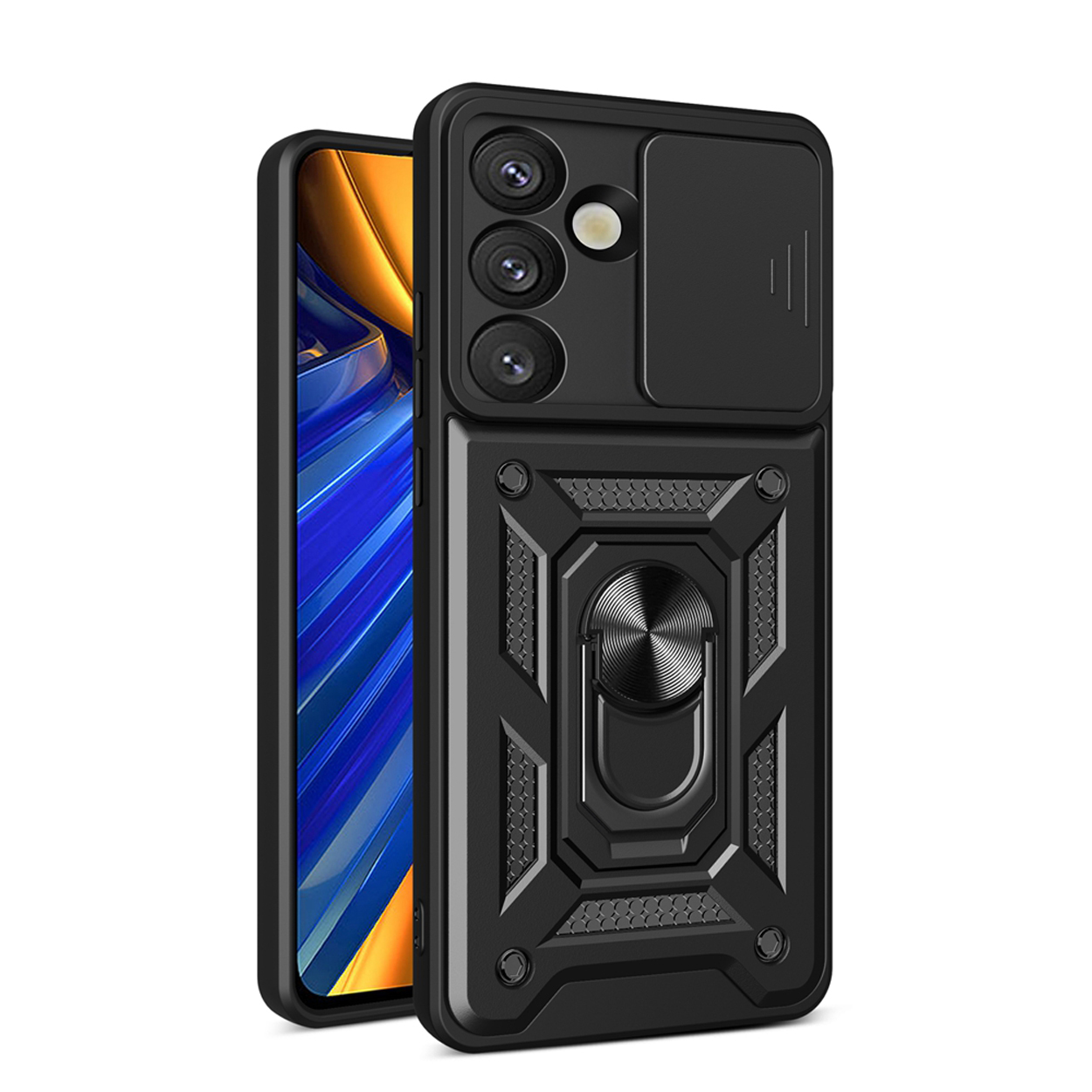 Coque de téléphone noire avec cache caméra, anneau métallique et design texturé, téléphone à l'intérieur.