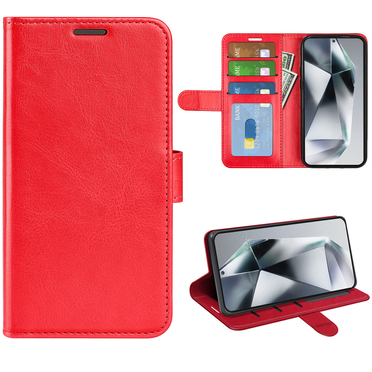 Étui de téléphone en cuir rouge avec emplacements pour cartes et écran de téléphone.