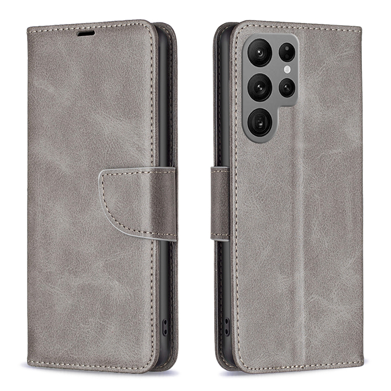 Gray leather phone case, closed and open. Shows phone and camera cutouts.