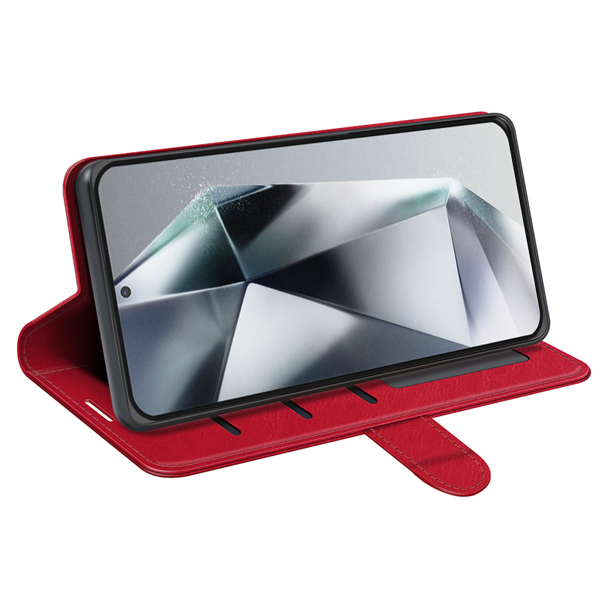 Téléphone rouge dans un étui en cuir rouge. L'étui est ouvert. Le téléphone a un écran.