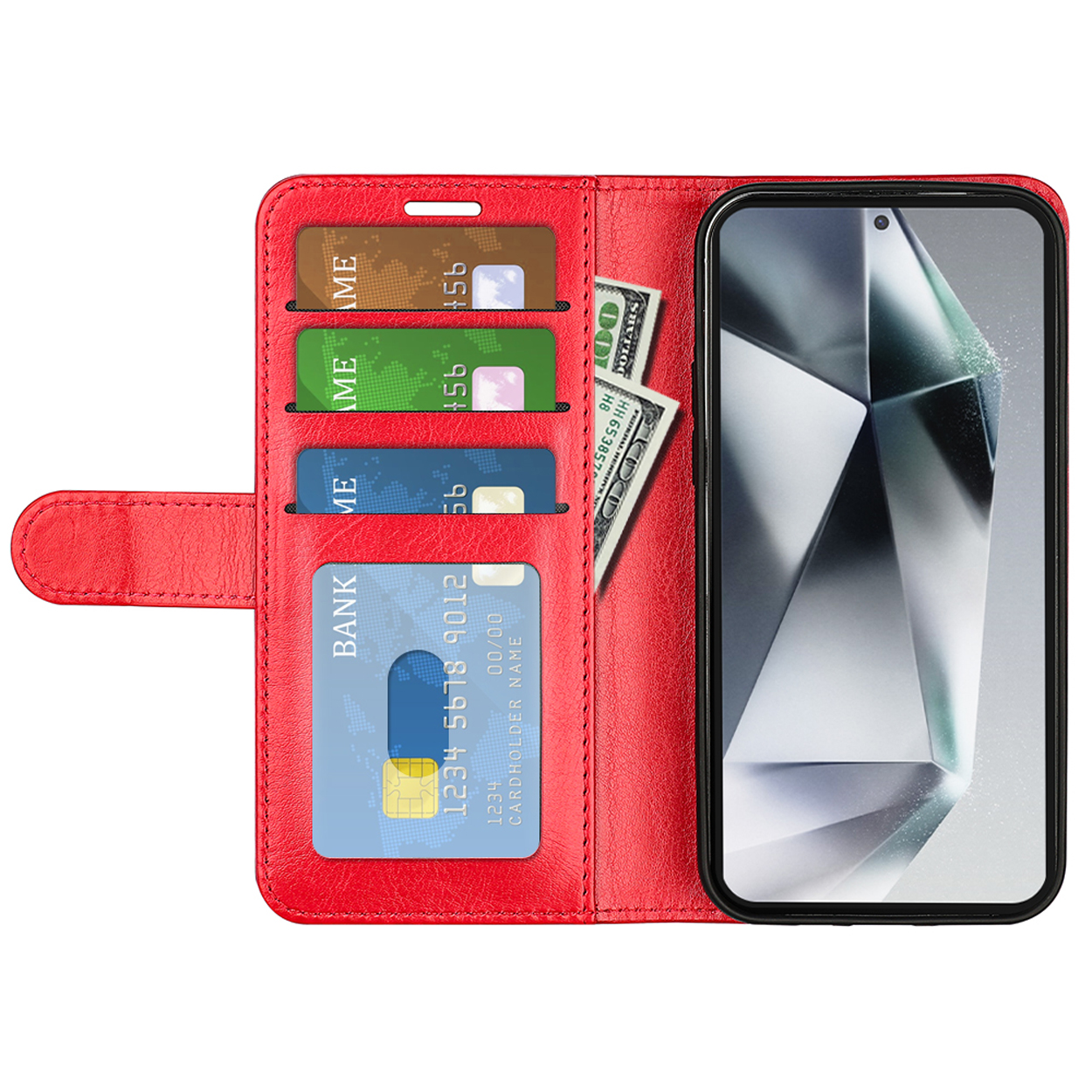 Étui de téléphone rouge avec cartes, téléphone et argent. Écran noir avec motif géométrique.