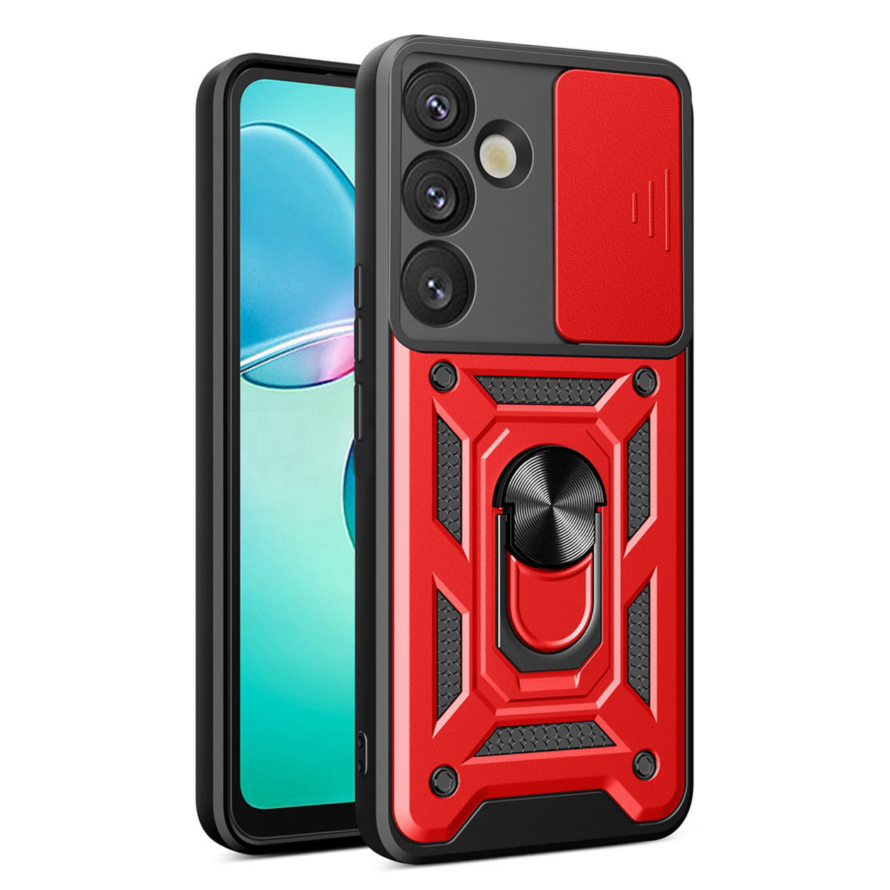 Étui de téléphone rouge avec cache caméra et anneau. Téléphone à l'intérieur, isolé sur blanc.
