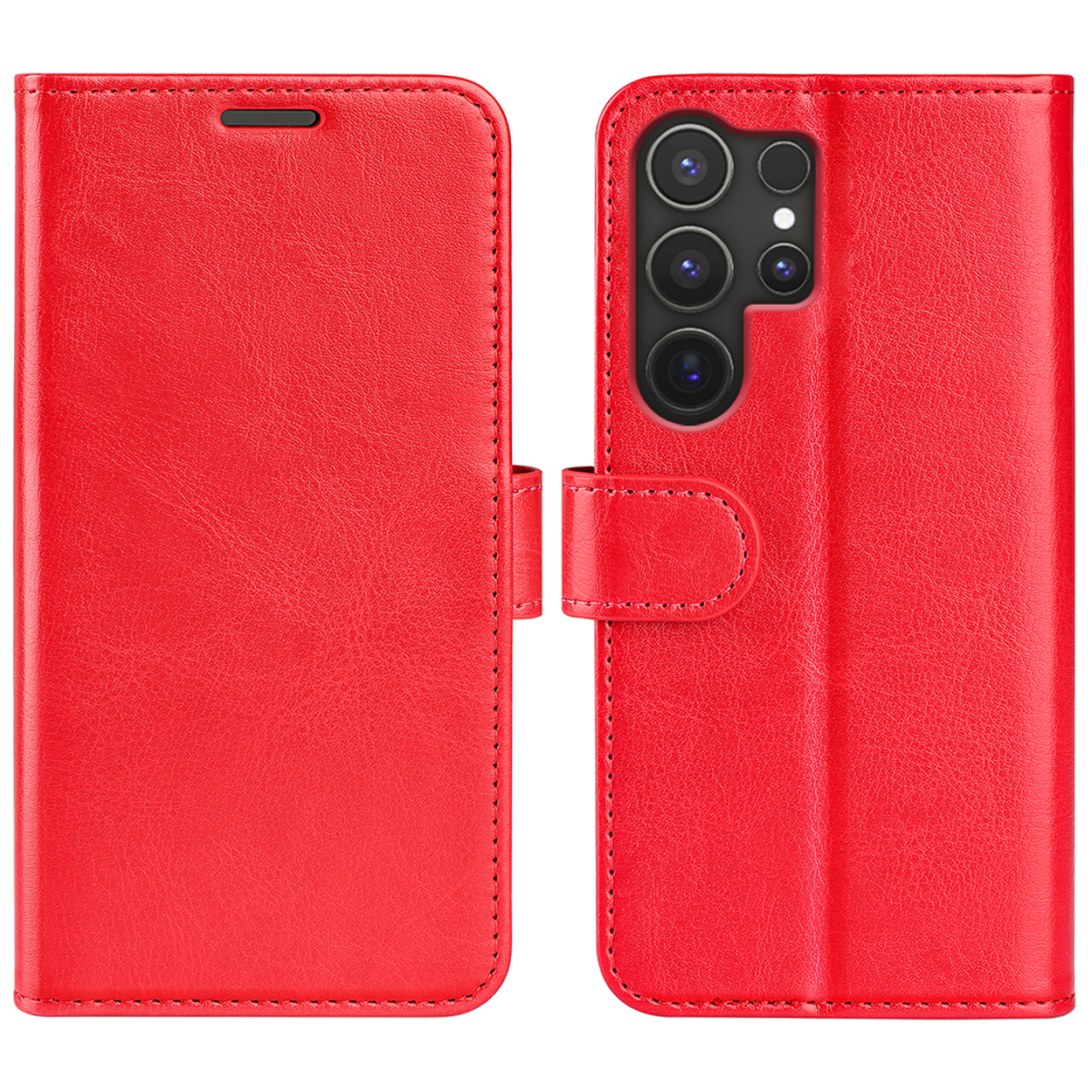 Coque de téléphone en cuir rouge. Deux vues : fermée et ouverte. Le téléphone n'est pas à l'intérieur.