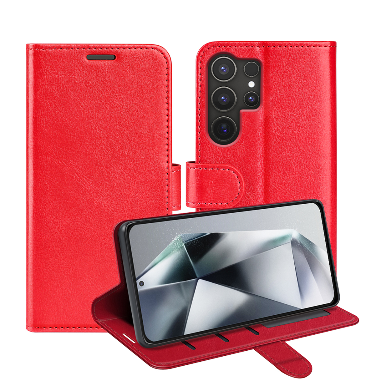 Étui de téléphone rouge, ouvert, avec un téléphone affichant un motif géométrique. Étui noir et fond blanc.