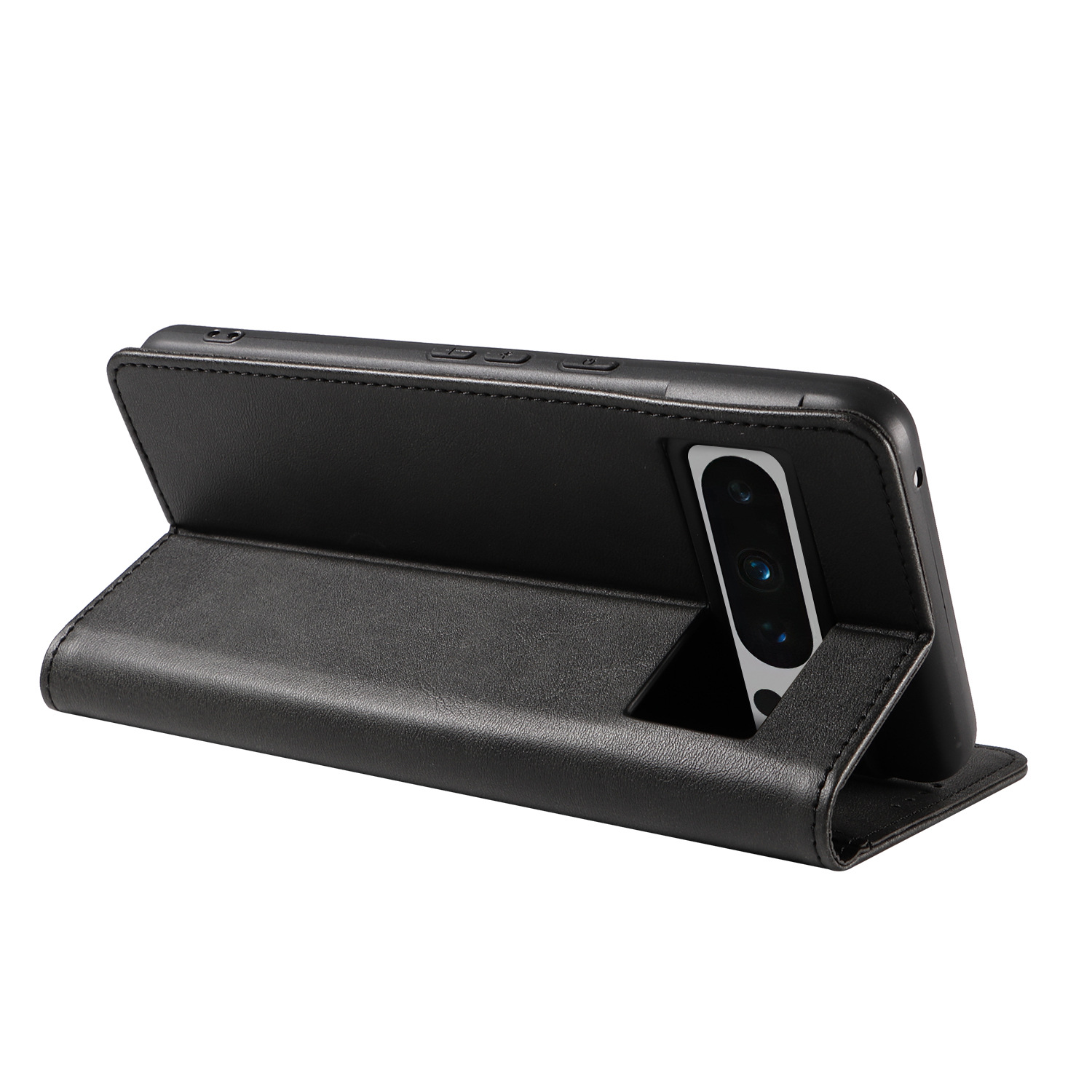 Zwarte telefoonhoes, open om een telefoon te laten zien. Telefoon staat rechtop, cameralens zichtbaar.