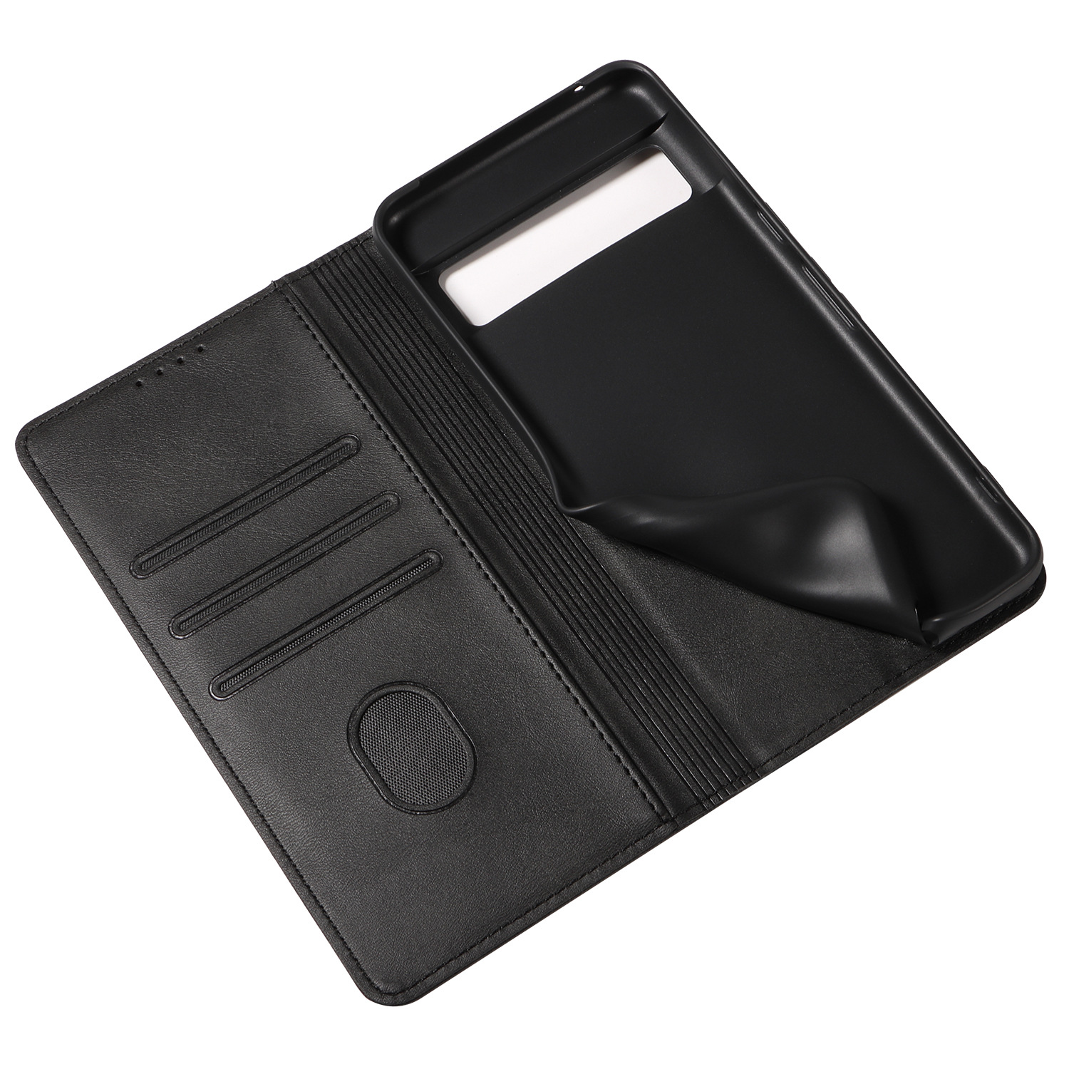 Zwarte leren portemonnee-hoes voor een telefoon, open om kaartsleuven en telefoonhouder te onthullen.