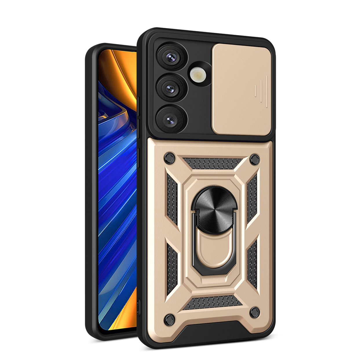 Un étui de téléphone doré et noir avec un support d'anneau et un téléphone à gauche.