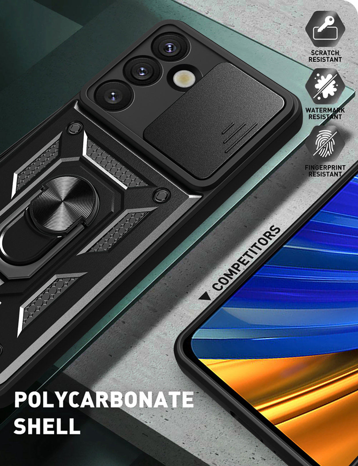 Zwarte telefoonhoes met camerahoes, ringhouder en tekst: POLYCARBONATE SHELL.