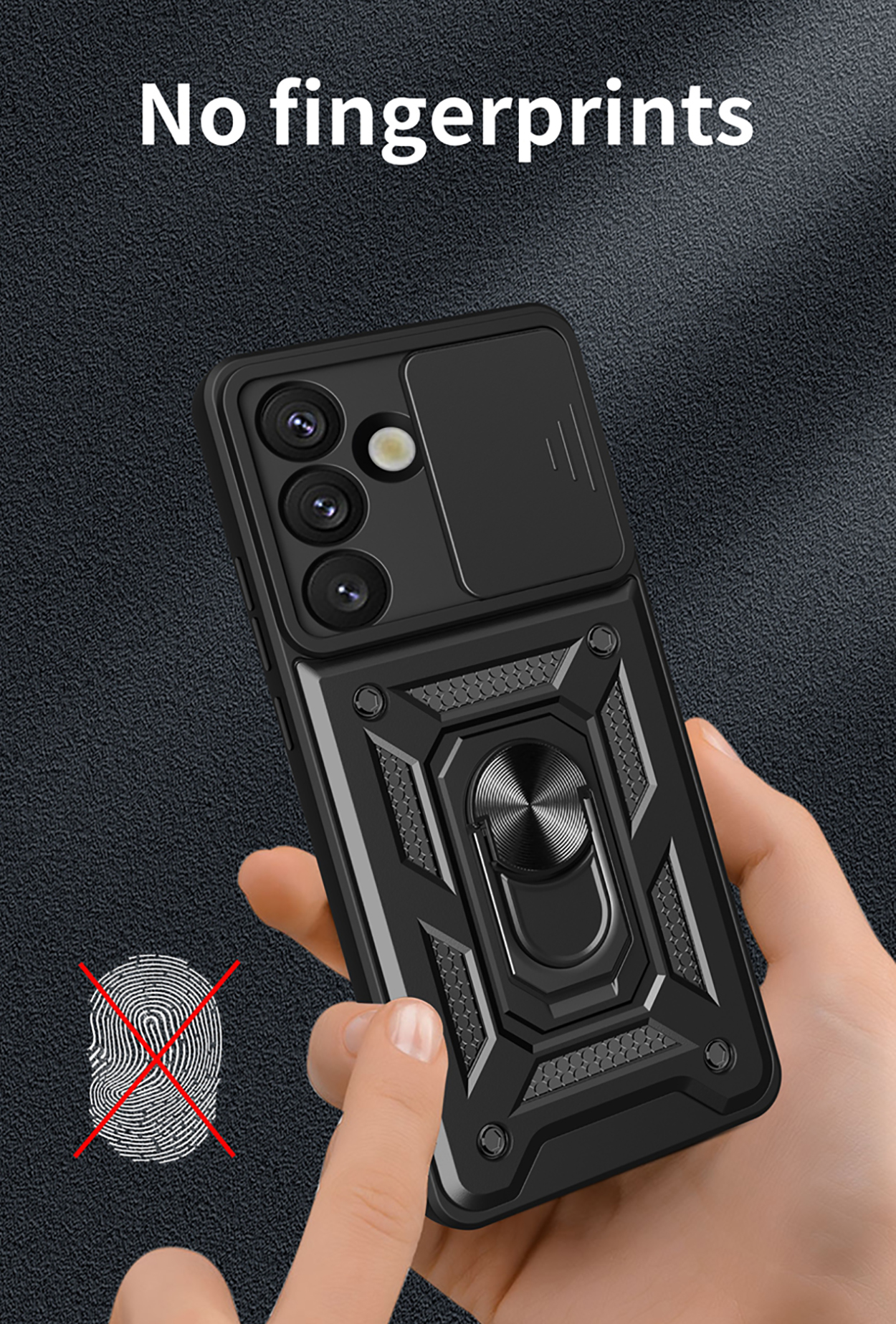 Zwarte telefoonhoes met cameralensbeschermer, ringhouder en een hand die hem aanraakt.