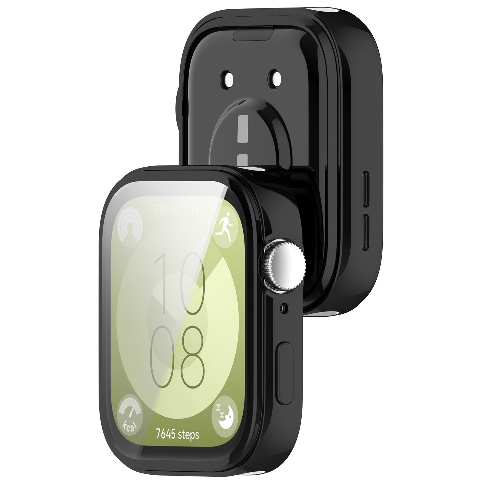 Czarne etui do Apple Watch z ekranem. Wyświetla czas i aktywność. Czarne etui jest otwarte.