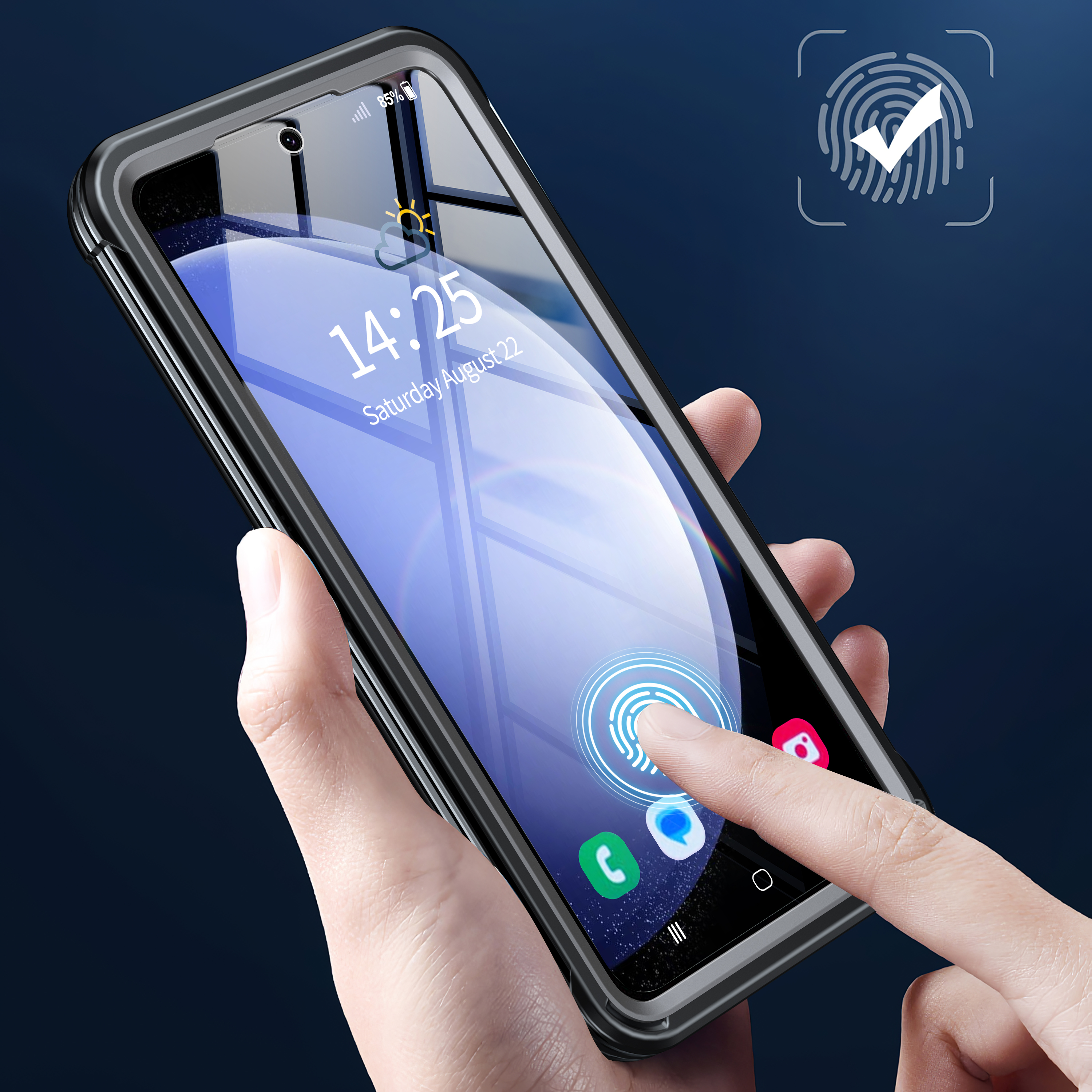 Eine Hand hält ein Telefon mit Displayschutz. Der Bildschirm zeigt Uhrzeit und ein Fingerabdrucksymbol.