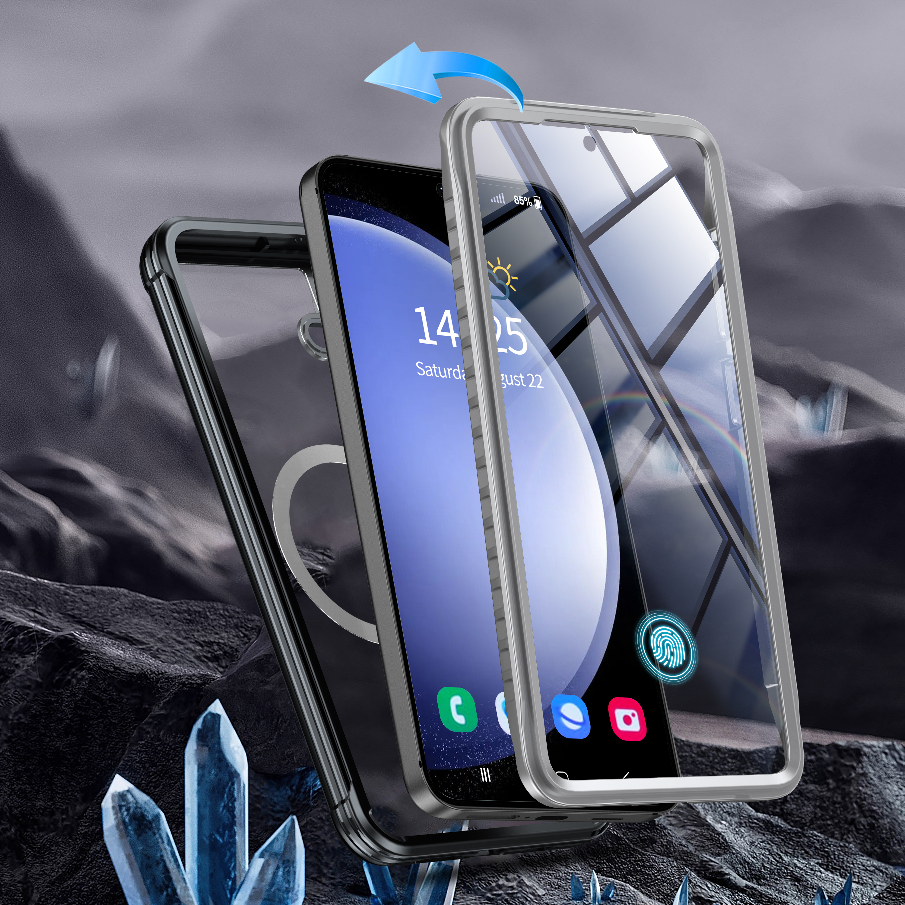 Telefon mit Schutzhülle, die zusammengebaut wird, mit Schichten und Datumsanzeige.