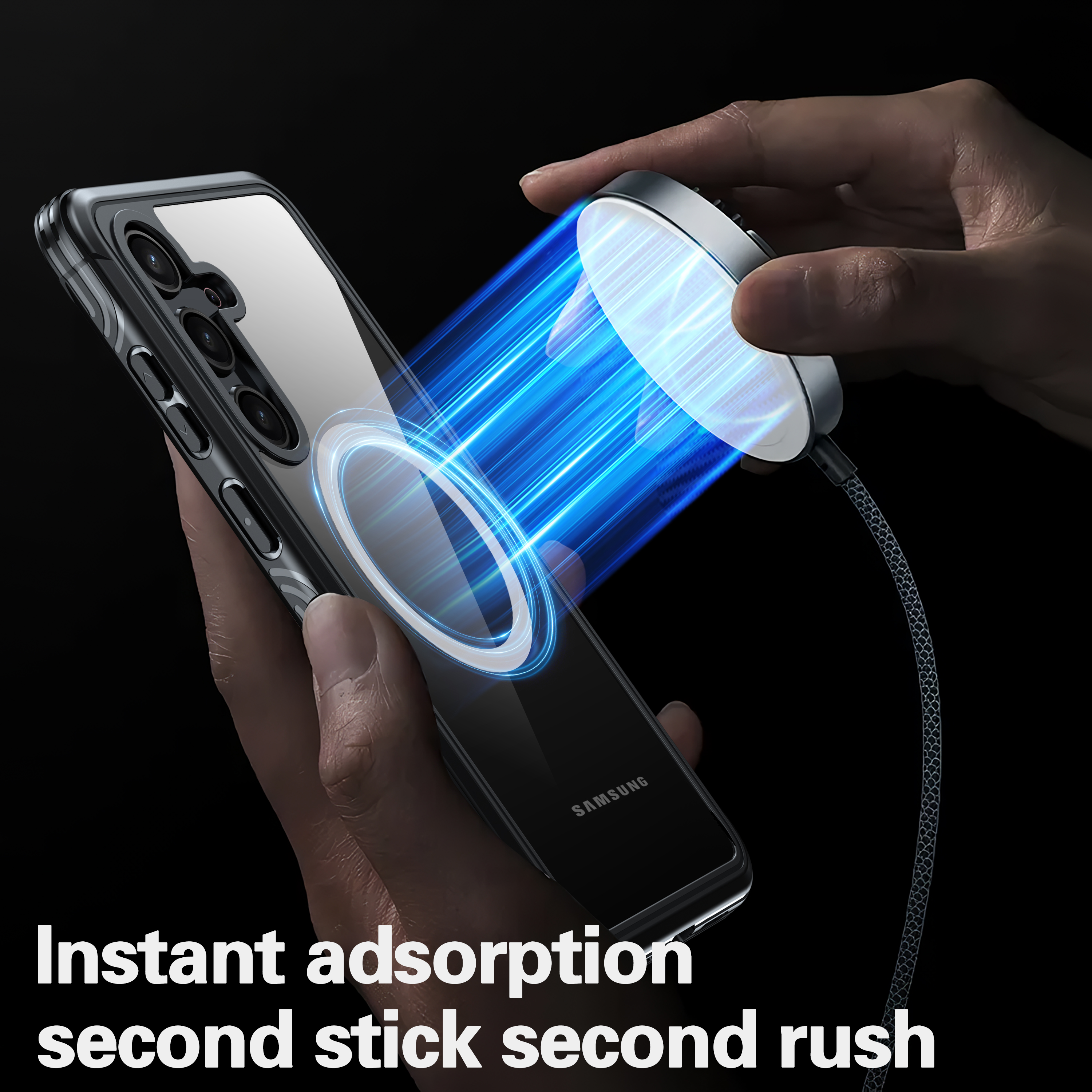Ein Telefon und ein Ladegerät. Das Telefon ist schwarz, mit einem weißen Ladering. Ladegerät ist silber.