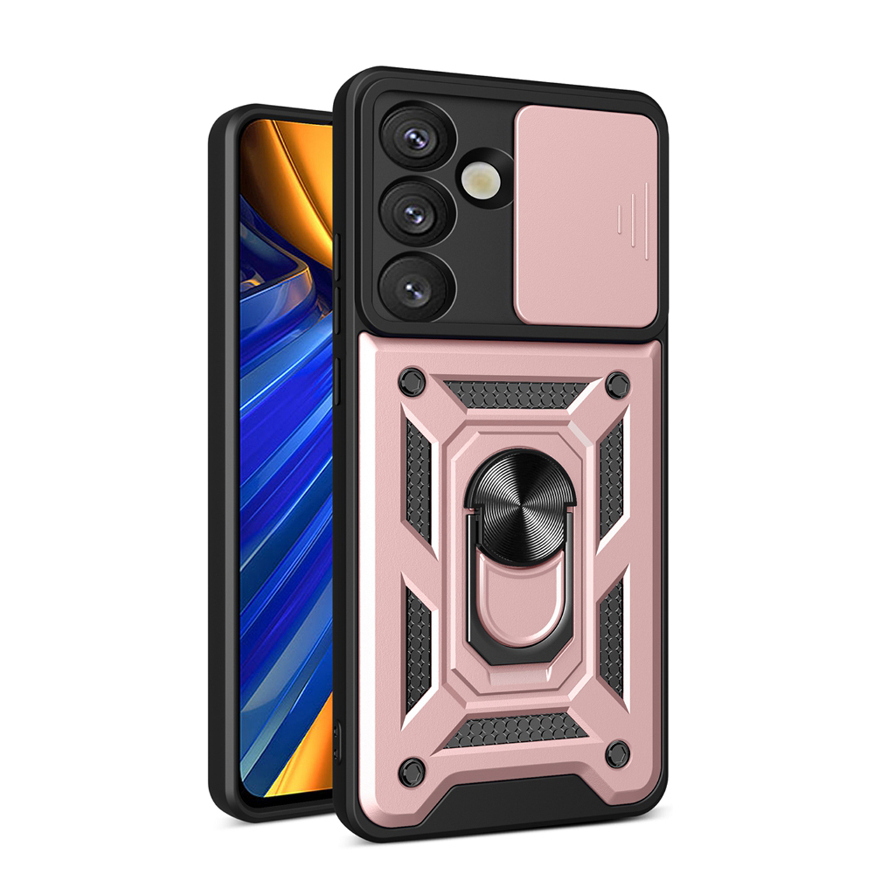Coque de téléphone rose et noire avec cache caméra et support de bague.