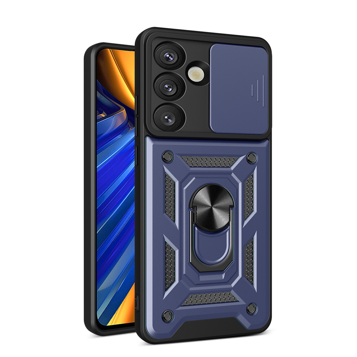 Étui de téléphone bleu et noir avec cache caméra et support de bague, téléphone à l'intérieur.