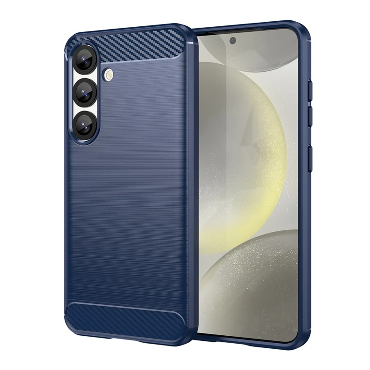 Coque de téléphone bleu foncé avec dos texturé et trois objectifs de caméra. Écran visible.