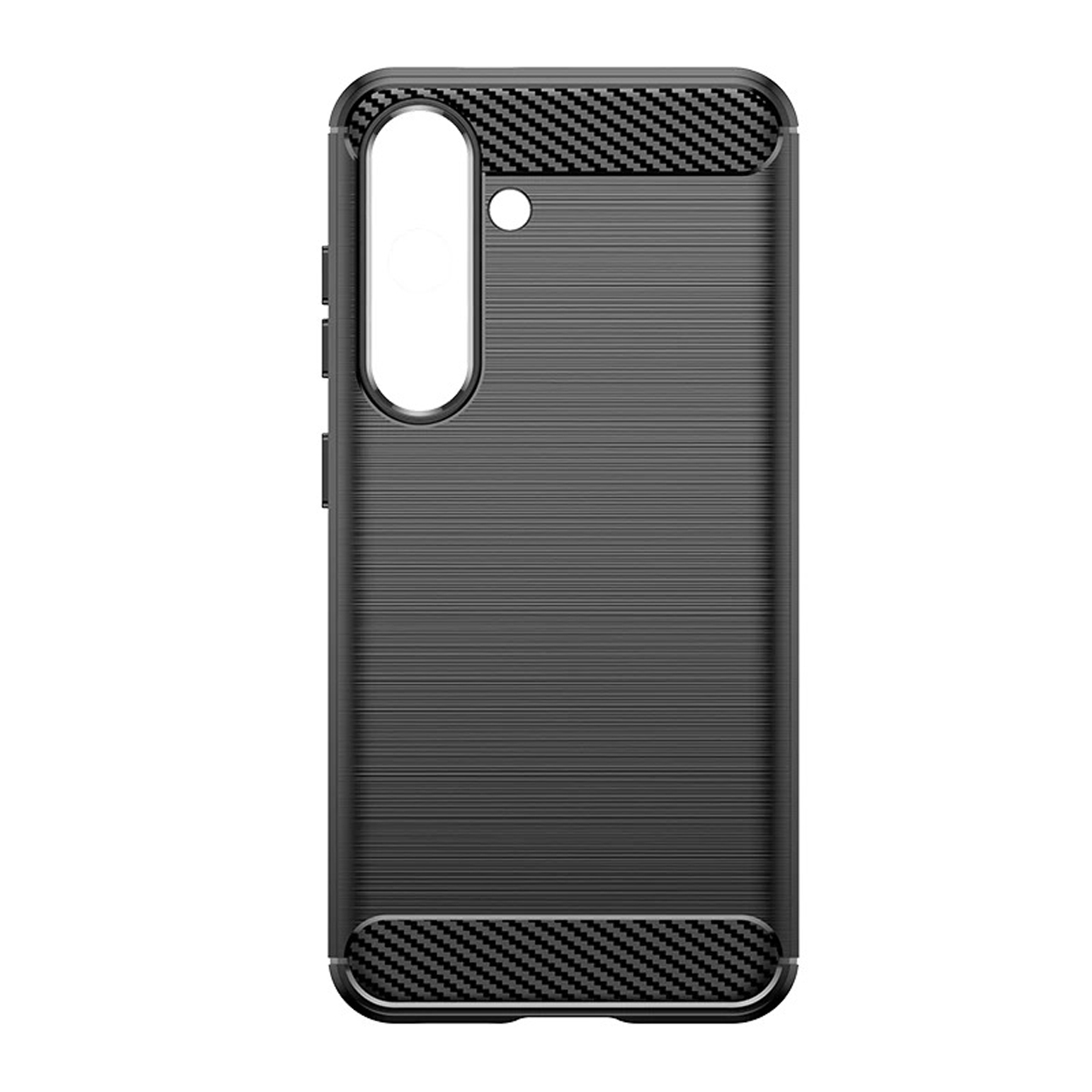 Coque de téléphone noire avec un aspect fibre de carbone. La coque est simple et couvre l'arrière du téléphone.