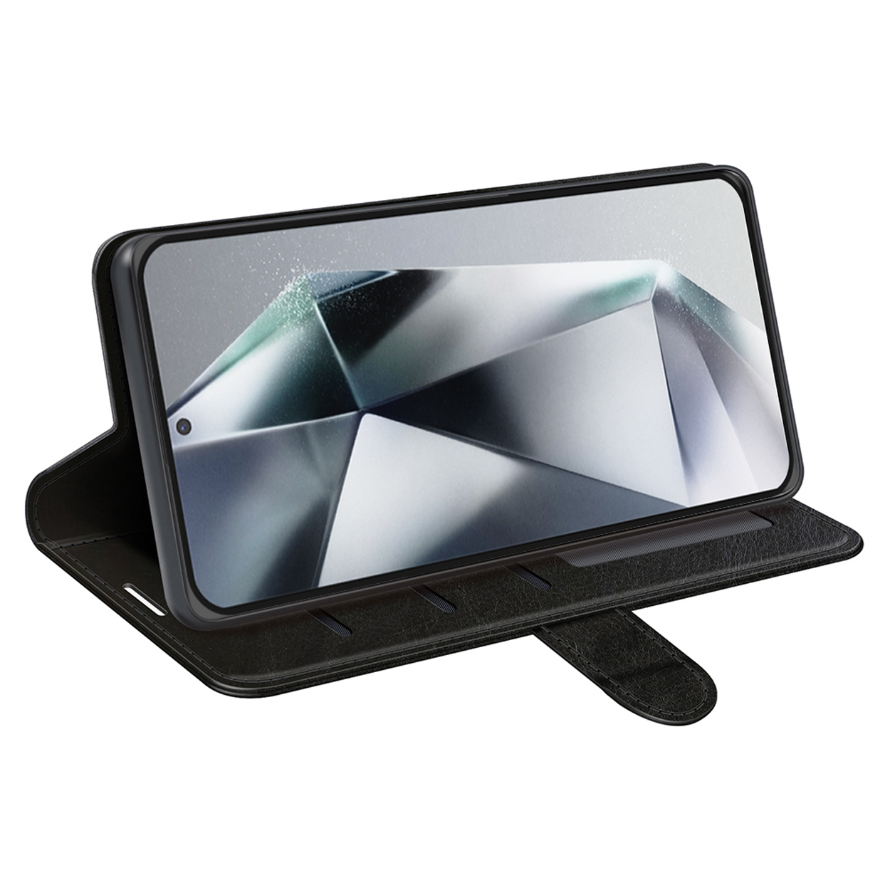 Étui de téléphone noir ouvert avec téléphone à l'intérieur. L'écran du téléphone est orienté vers le haut. Motif diamant.