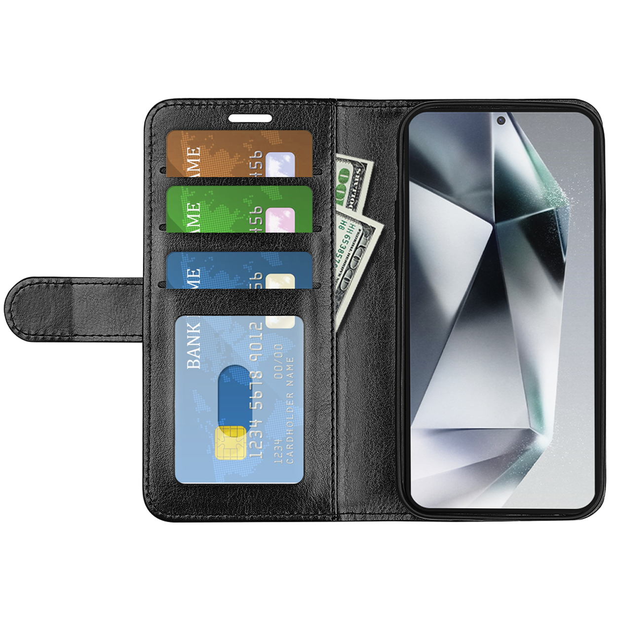 Étui de téléphone noir ouvert, révélant un téléphone, des cartes de crédit et de l'argent. L'étui est en cuir avec une fermeture magnétique.