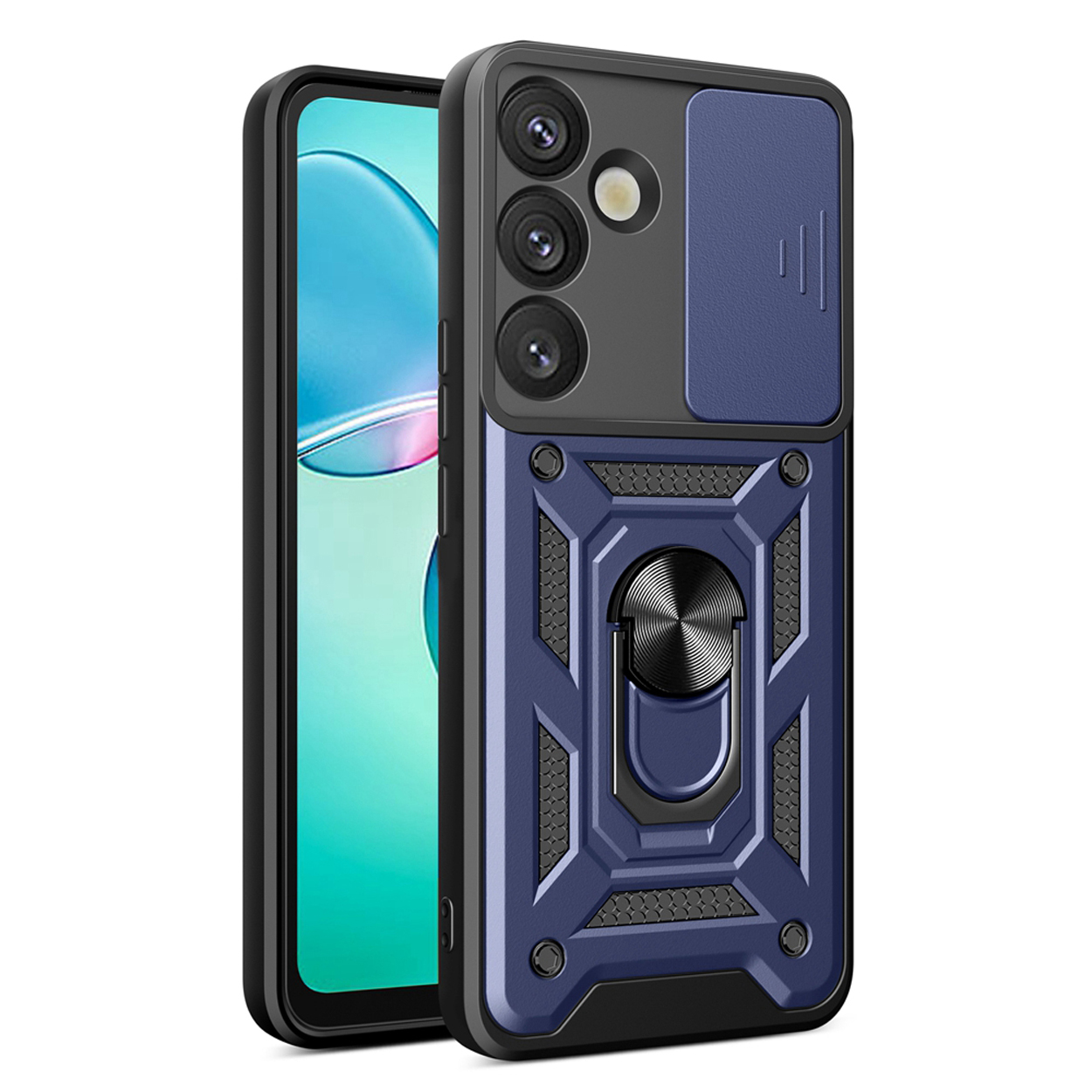 Un étui de téléphone bleu et noir avec un support d'anneau et un téléphone à gauche.