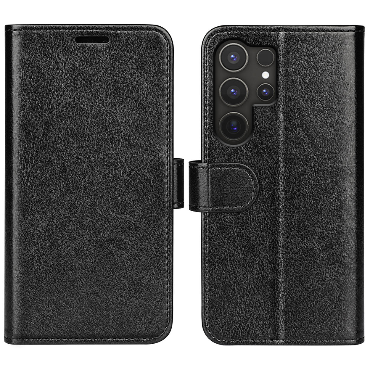 Étui de téléphone en cuir noir, ouvert avec téléphone à l'intérieur. Fermoir à droite, avec plusieurs caméras.