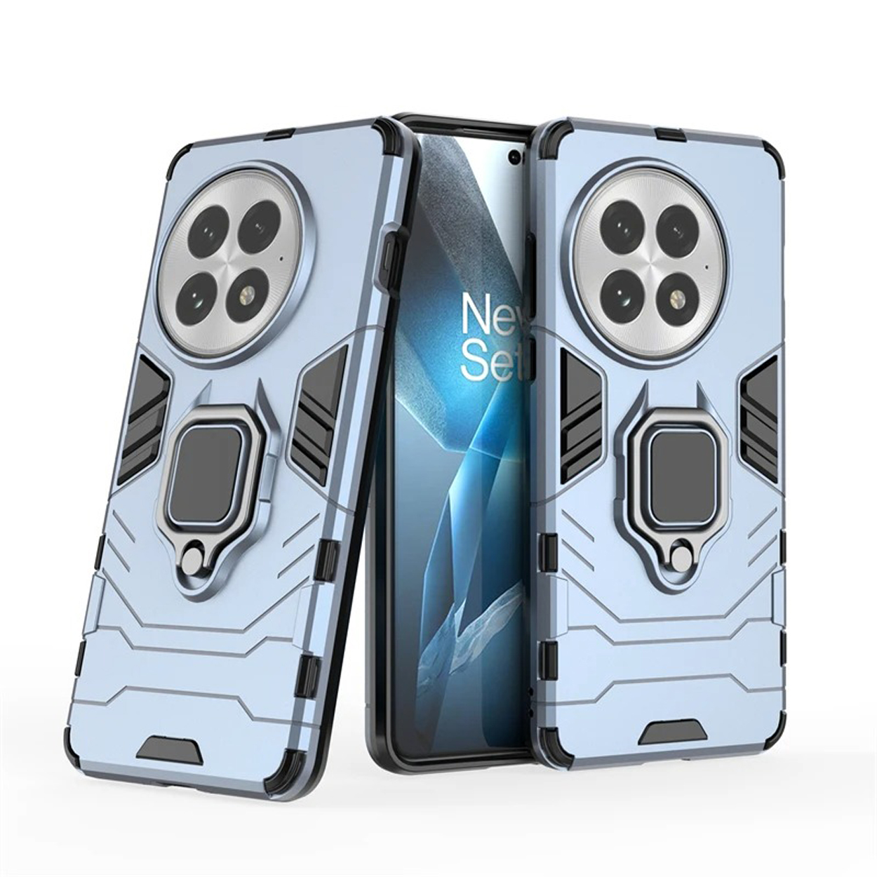 Blauwe telefoonhoes met camera ontwerp en een ringhouder.